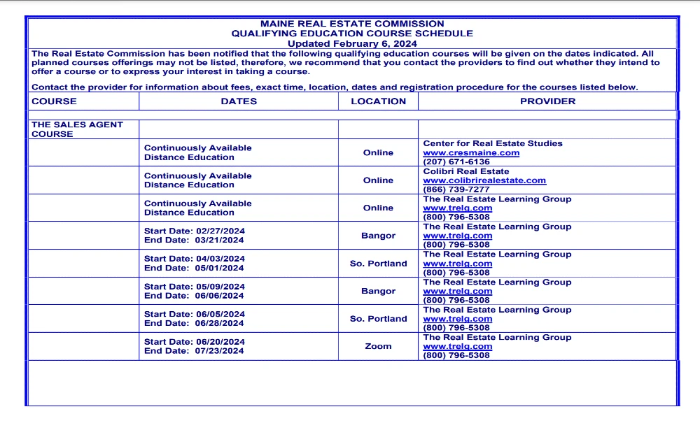 Screenshot of the State of Main website for Real Estate Commission showing a PDF copy of the schedule of qualifying education course.