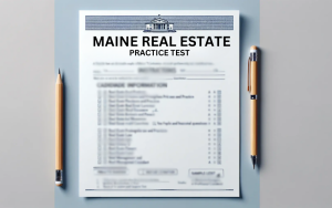 A Maine real estate practice test on a desk with a pencil on the left and a pen on the right.